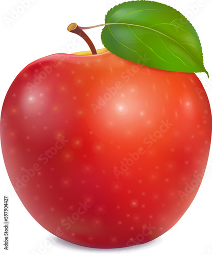 Red apple with a green leaf on a white isolated background. Glossy shiny object in a realistic style. Vector illustration.