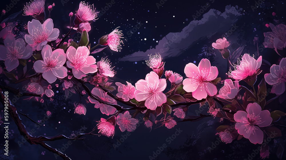Pink Flowers at Night created with Generative AI Technology, ai, generative