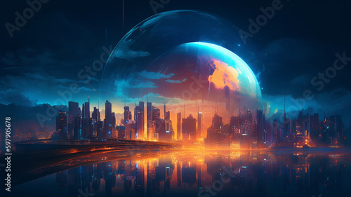 A glowing sphere surrounded by a city and bright lights. A Generative Ai illustration