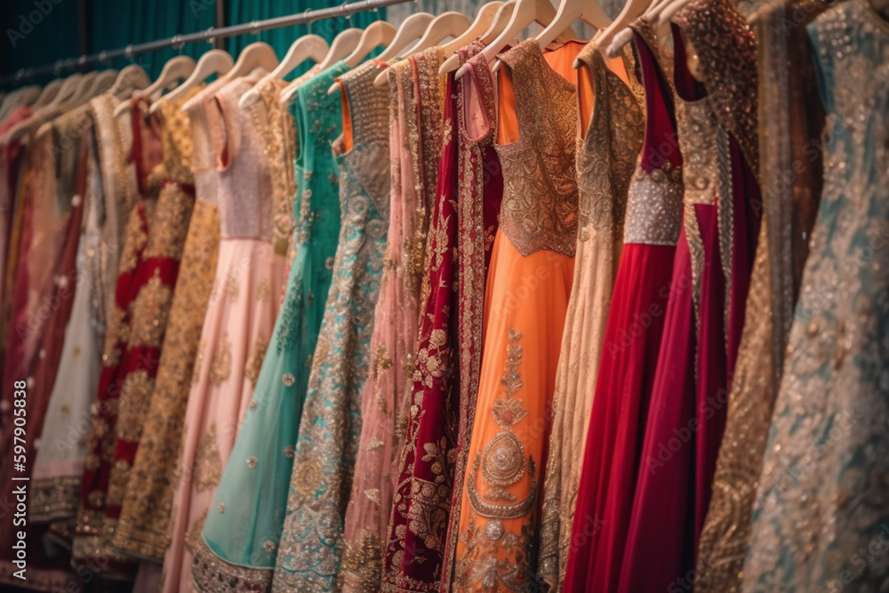 Indian woman latest fashion dress hung on hangers ,in display in a retail shop,in market  Generative AI