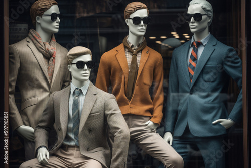 male mannequins in a shop window. Dummies dressed in classic style  Generative AI photo