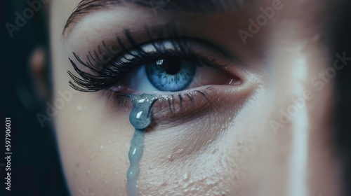 A blue tear falling from a woman’s blue eye - AI generated photo
