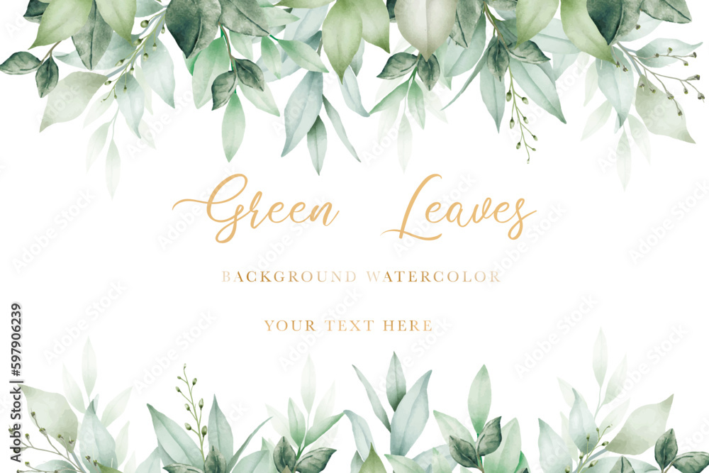watercolor green leaves background - obrazy, fototapety, plakaty 