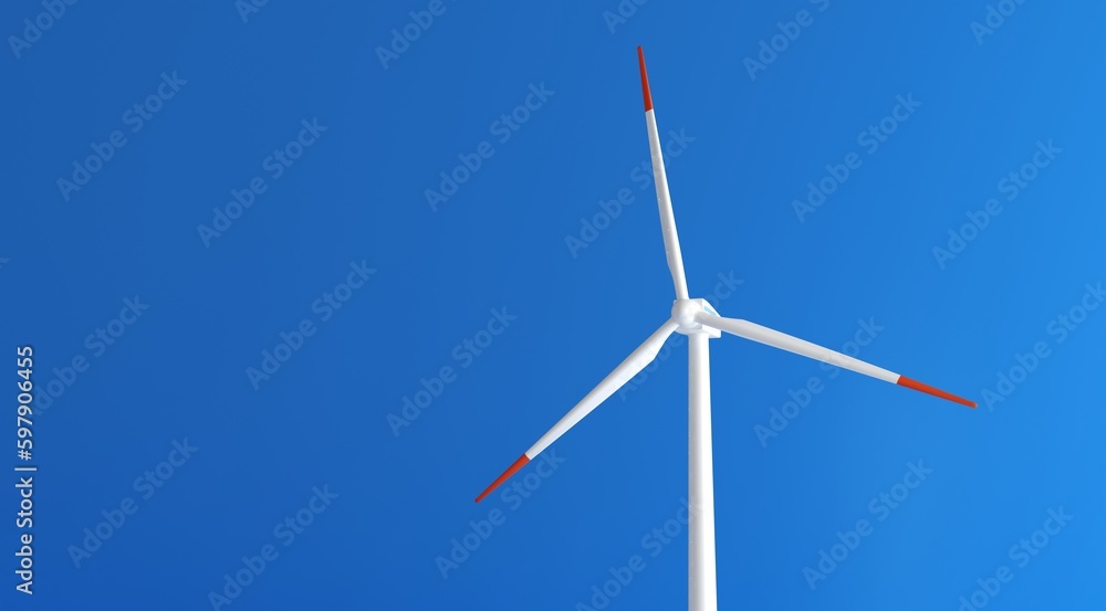 Front and angle view of the wind turbine. Alternative renewable energy generation, green energy concept. realistic windmill with white blades isolated on blue background. 3d rendering.