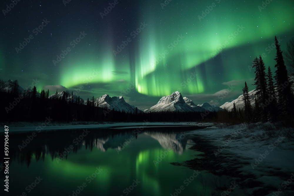 night landscape with a lake Aurora borealis Generative AI