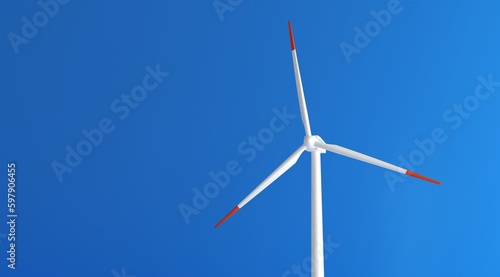 Front and angle view of the wind turbine. Alternative renewable energy generation, green energy concept. realistic windmill with white blades isolated on blue background. 3d rendering.