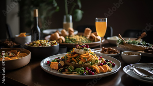 A fancy plate of fruit salad with juice and wine, full table setting