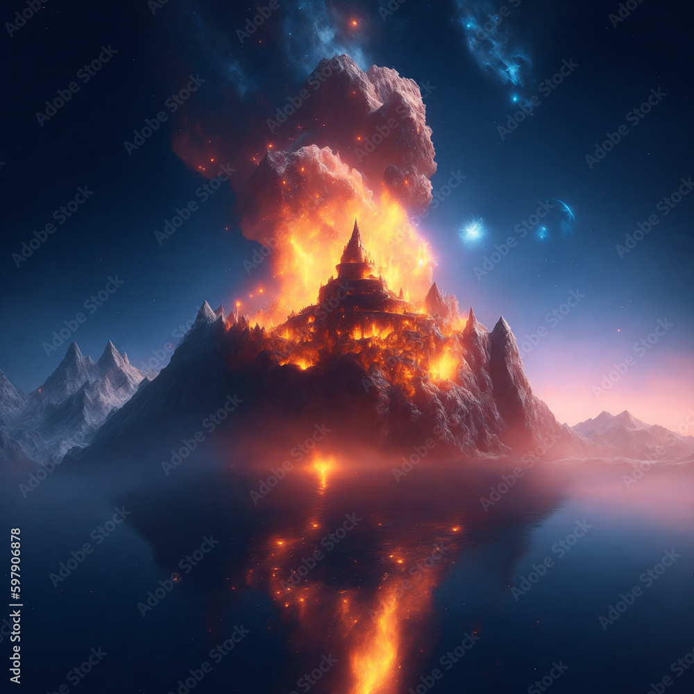 custom made wallpaper toronto digitalBurning Castle on Floating Island in the night Created Using AI Technology