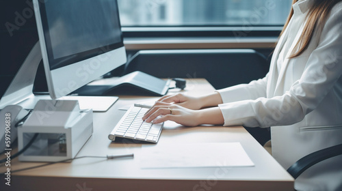 オフィスでデスクワークをするビジネスウーマン　顔無し　AI生成画像　Generative AI