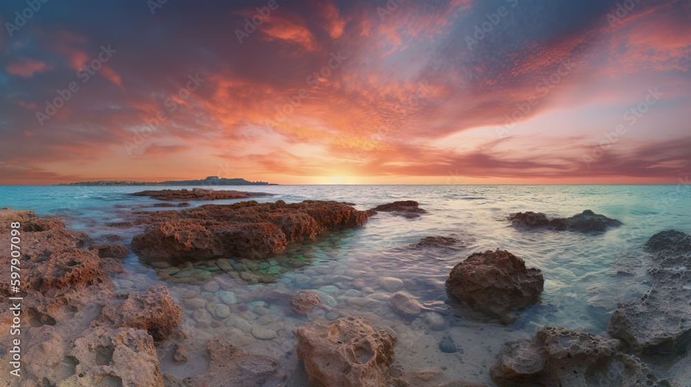 Mediterranean Sea under a colorful sky in La Mata. Torrevieja, Costa Blanca, Spain during sunset. Scenic view of a peaceful. 3D realistic illustration. Generative AI