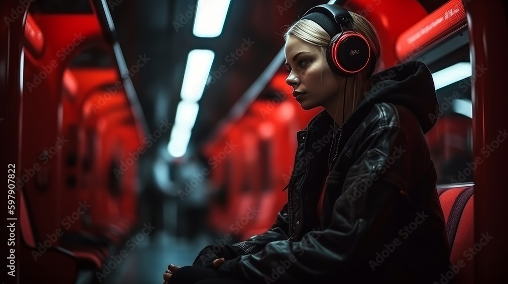 A woman wearing headphones in a metro train with neon lights, cyberpunk style, ai, ai generative, illustration A woman wearing headphones in a metro train with neon lights, cyberpunk style, ai, ai generative, illustration