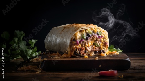 Burrito sandwich on a black background. Fast food. ai  ai generative  illustration