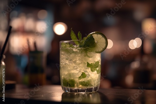 Mojito cocktail in a bar, close up of a rum drink with lime and mint, party blurred bar lights background, generative AI