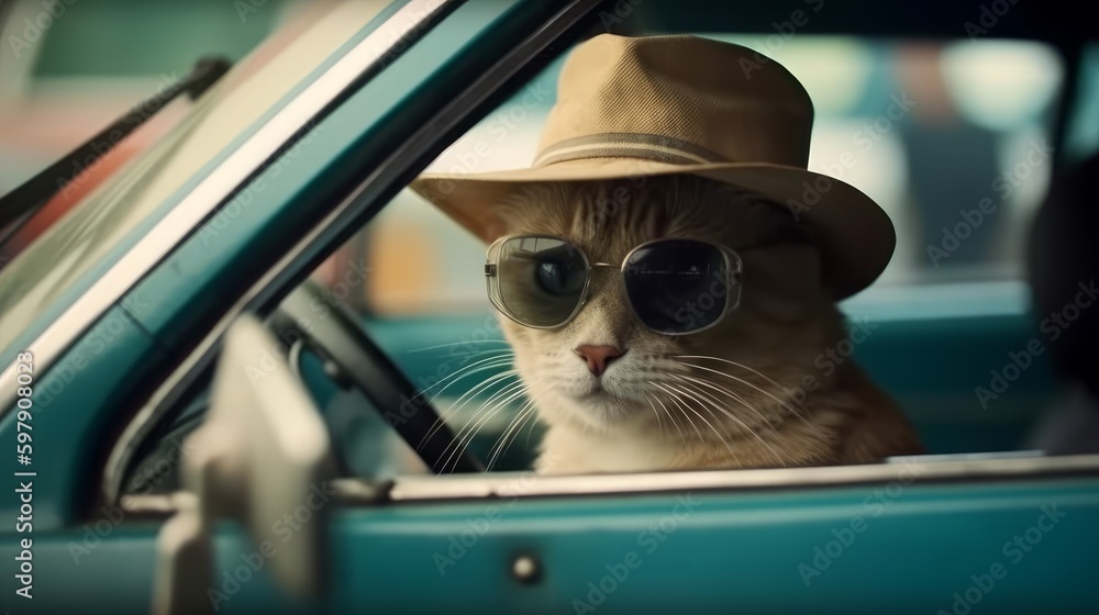 A cat driving a car, wearing sunglasses and a hat ai, ai generative, illustration