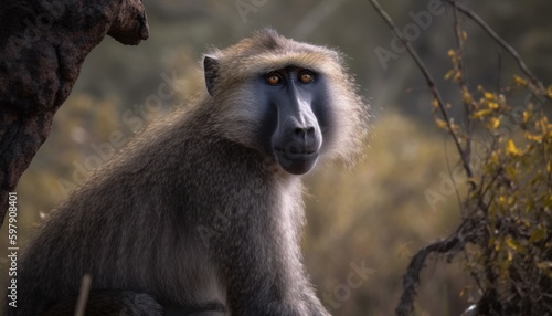 A baboon standing on a tree branch ai, ai generative, illustration
