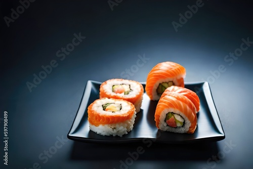 Delicious sushi served in style on a black background. Generated by AI