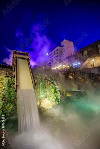 ライトアップされた春の草津温泉　湯畑　群馬県草津町　Kusatsu Onsen illuminated in spring. Yubatake. Gunma Pref, Kusatsu town. photo