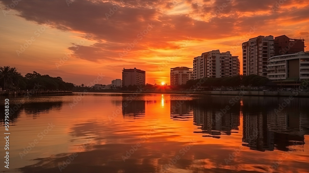 sunrise over a river flowing through a city. Generative AI