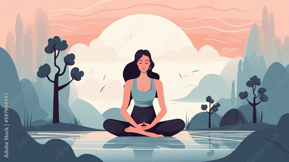 illustration of a young woman sitting cross-legged and meditating. Generative AI