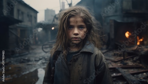 a girl with burned skin standing in front of buildings wreckage,natural disaster or war victim, homeless child, ai generative illustration, homeless child © ME_Photography