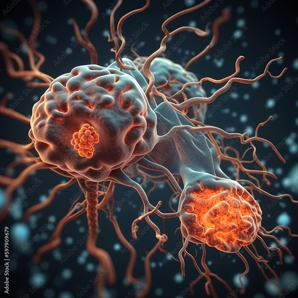 Amygdala in the brain, with amygdala neurons in close-up. Two almond ...