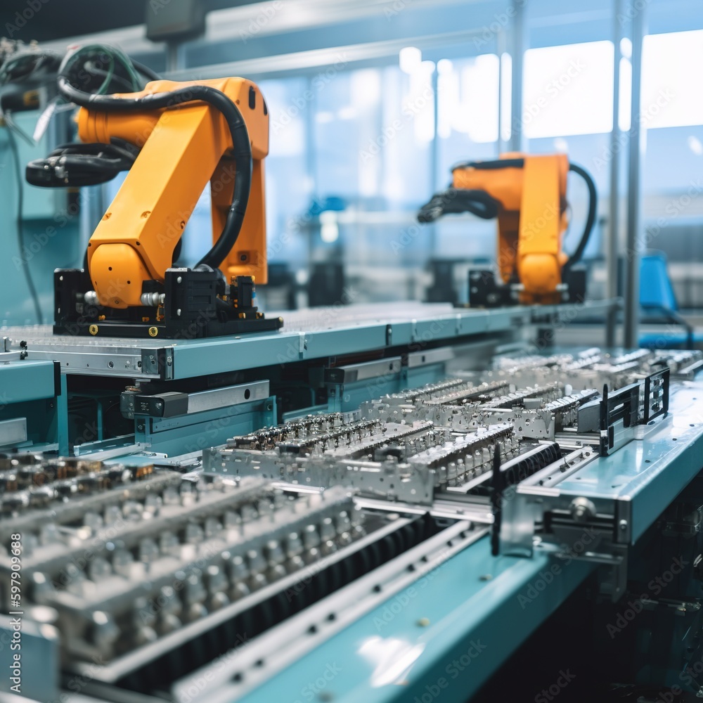 Automated robotic assembly line. Robotics works in a production line of robot parts in a factory. Technology and automation. generative ai Automated robotic assembly line. Robotics works in a production line of robot parts in a factory. Technology and automation. generative ai