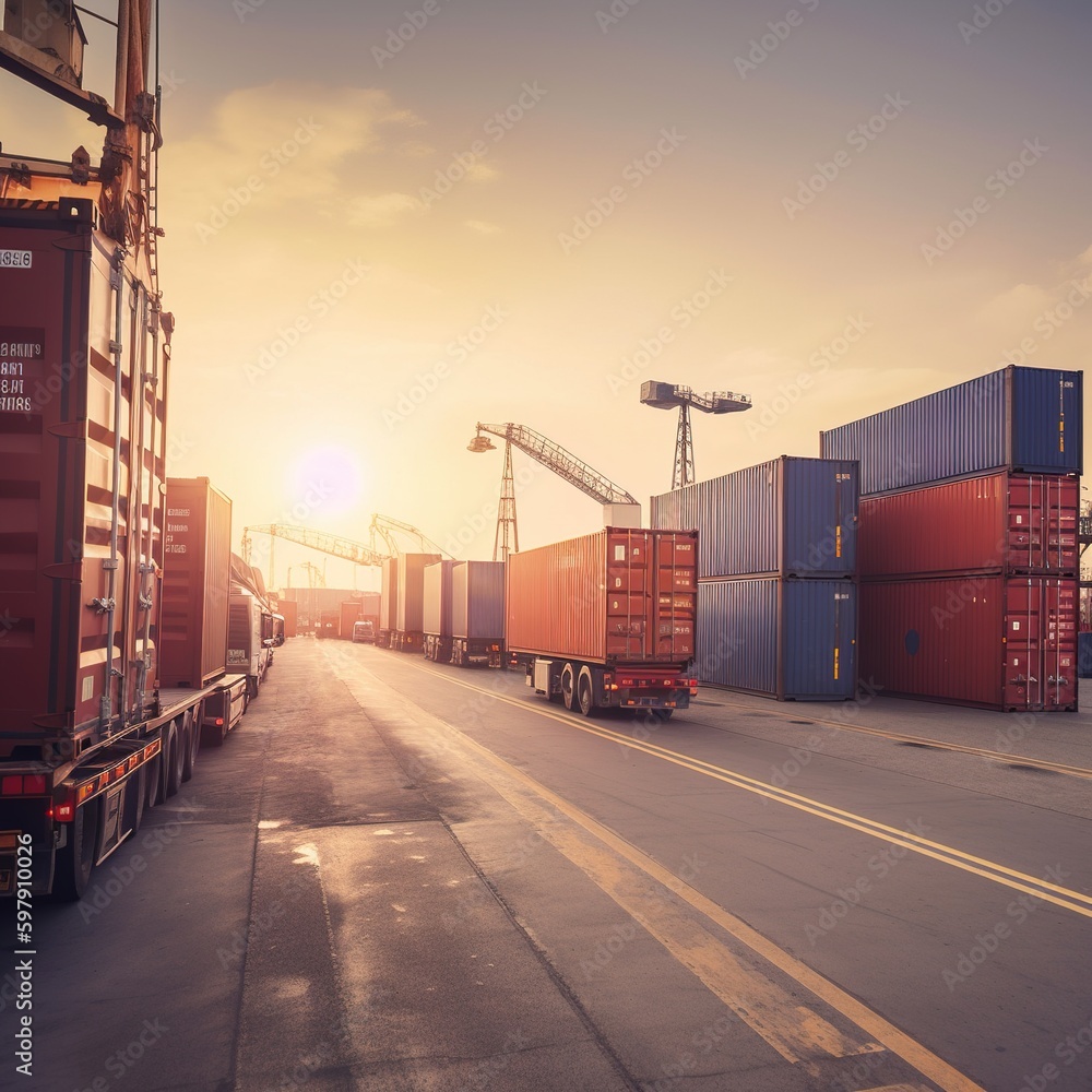 Obraz premium Global business logistics import and export of container cargo freight ship loading and unloading with truck at port shipping dock yard. generative ai