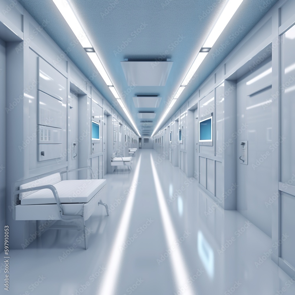 Fototapeta premium Long white hospital corridor with rooms and blue seats . Empty accident and emergency interior with bright lights lighting the hall from the ceiling. generative ai