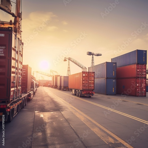 Global business logistics import and export of container cargo freight ship loading and unloading with truck at port shipping dock yard. generative ai