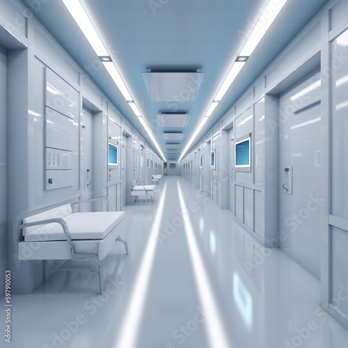 Long white hospital corridor with rooms and blue seats . Empty accident and emergency interior with bright lights lighting the hall from the ceiling. generative ai