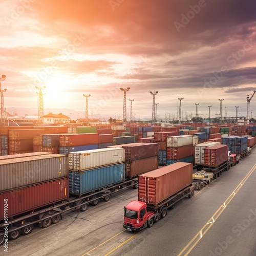 Global business logistics concept of container cargo freight ship loading and unloading with truck at port shipping dock yard, copy space, transportation Industry concept . generative AI
