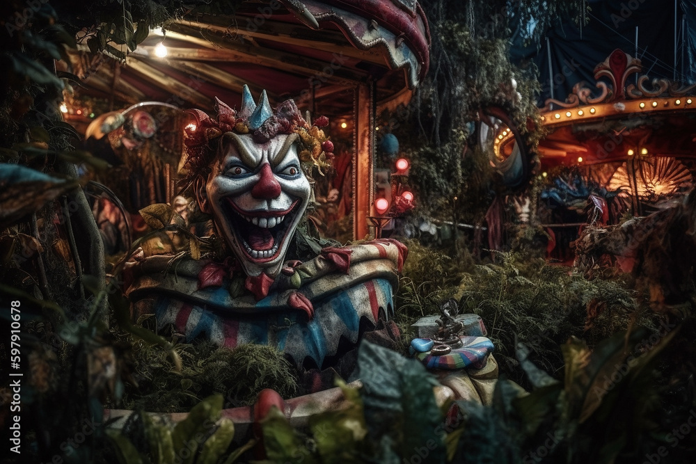 An image of a twisted and overgrown carnival, with abandoned rides and a clown statue - Generative AI