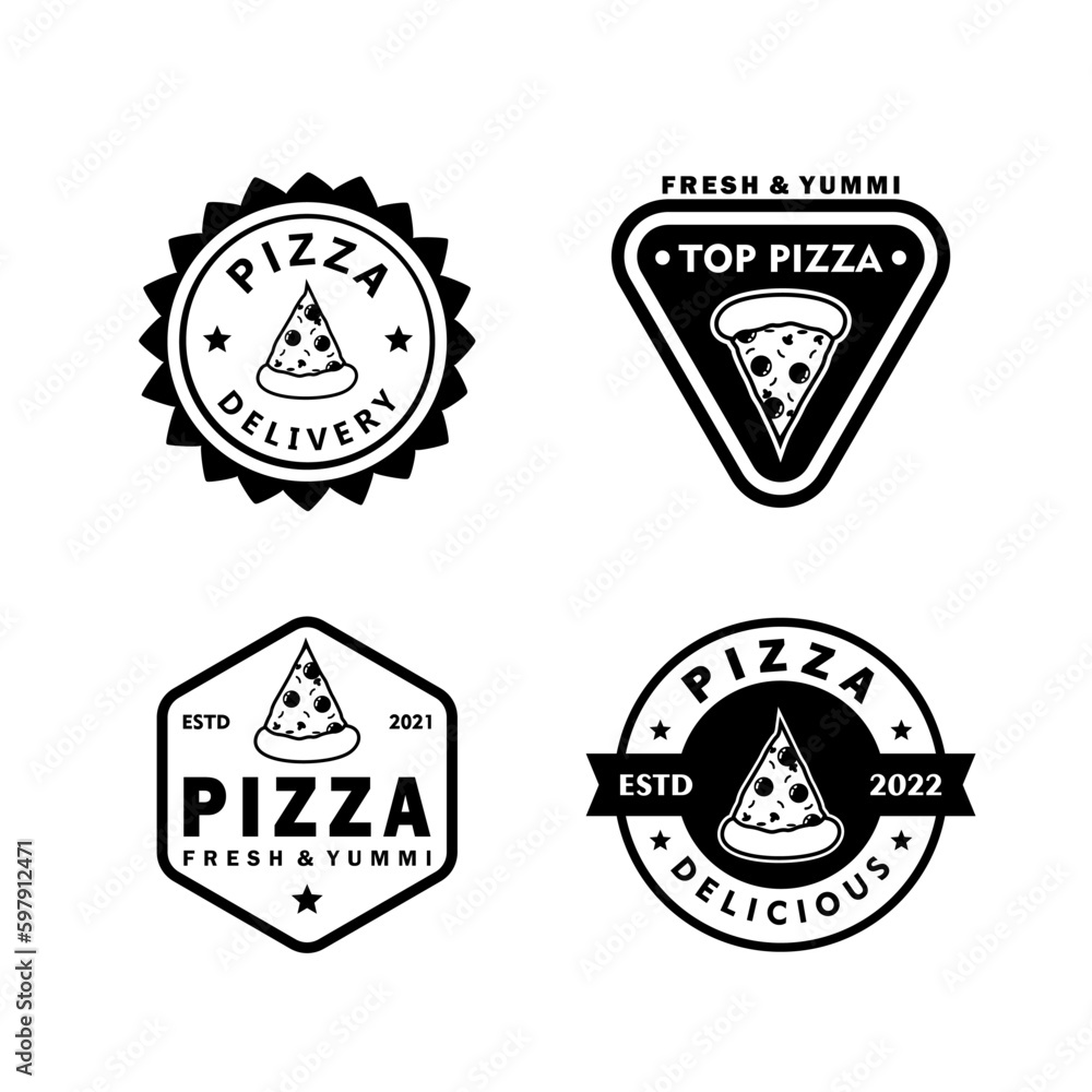 Black and white pizza logos collection white background