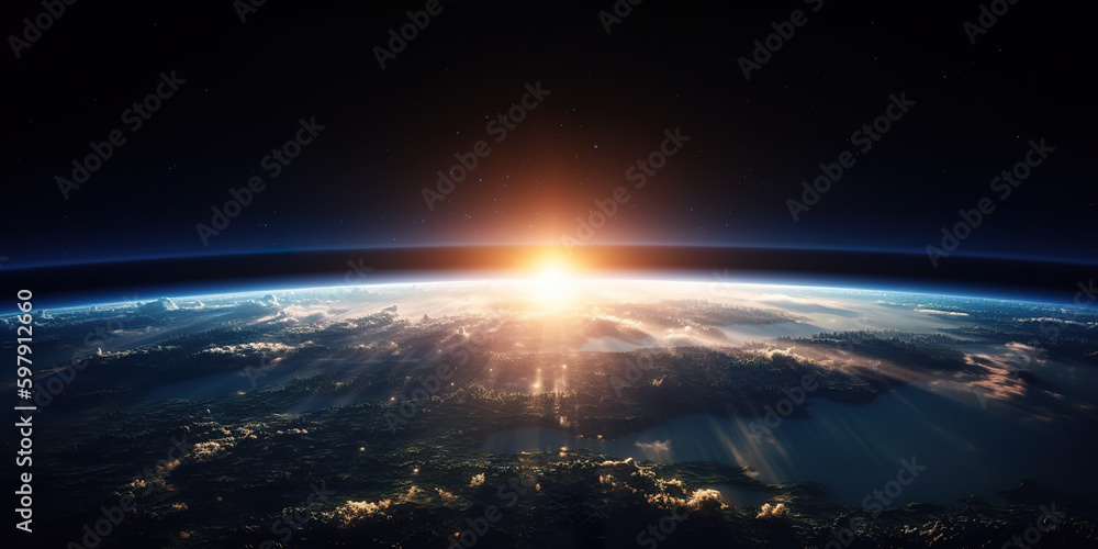 Image of planet in outer space. Mixed media. Elements of image furnished. Sunrise behind the planet earth. view from space, sun, stars and galaxy. 3D realistic illustration. Generative AI