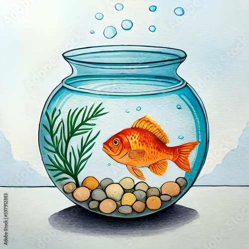 light watercolor  glass fishbowl containing tropical fish