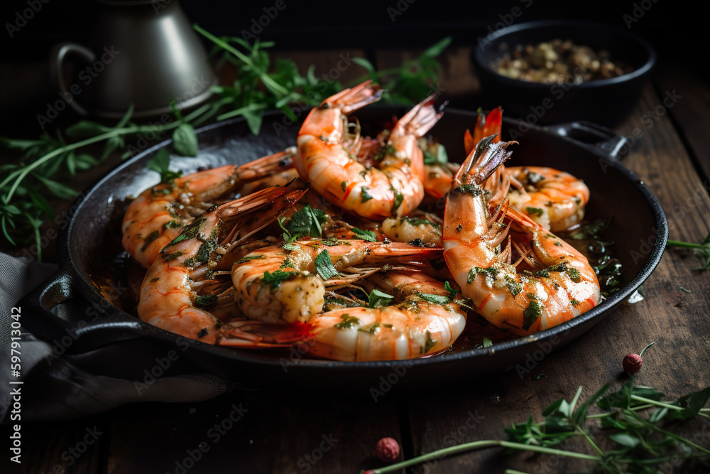 Platter with shrimps and topped with herbs. Fresh summer salad with shrimp. Fried shrimp with garlic and lemon in a pan seafood. 3D realistic illustration. Generative AI Platter with shrimps and topped with herbs. Fresh summer salad with shrimp. Fried shrimp with garlic and lemon in a pan seafood. 3D realistic illustration. Generative AI