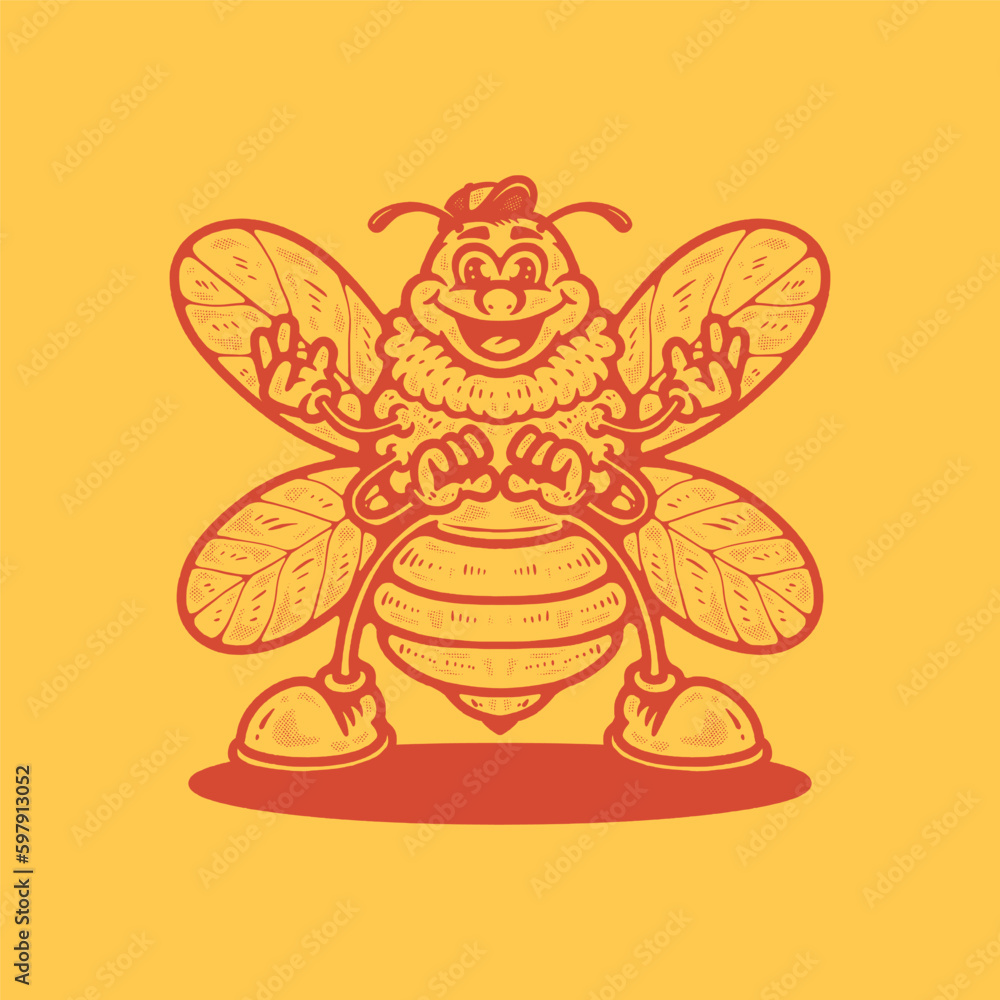 Hand drawn cartoon retro honey bee vector illustration