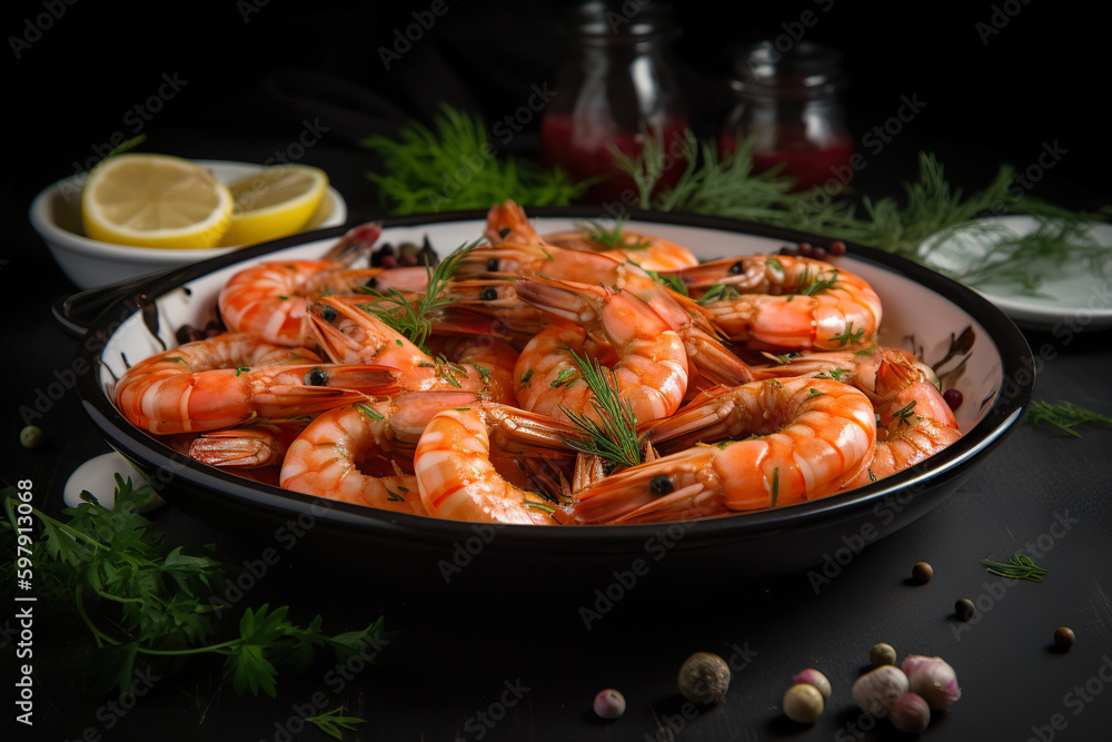 Platter with shrimps and topped with herbs. Fresh summer salad with shrimp. Fried shrimp with garlic and lemon in a pan seafood. 3D realistic illustration. Generative AI Platter with shrimps and topped with herbs. Fresh summer salad with shrimp. Fried shrimp with garlic and lemon in a pan seafood. 3D realistic illustration. Generative AI