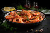 Platter with shrimps and topped with herbs. Fresh summer salad with shrimp. Fried shrimp with garlic and lemon in a pan seafood. 3D realistic illustration. Generative AI