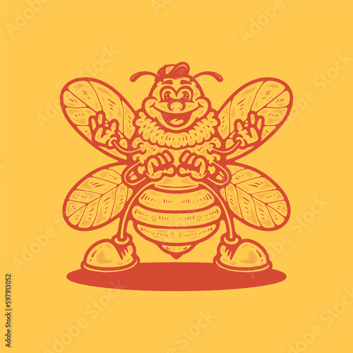 Hand drawn cartoon retro honey bee vector illustration