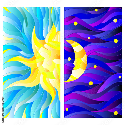 A set of stained-glass illustrations with the sun and the moon on the sky background