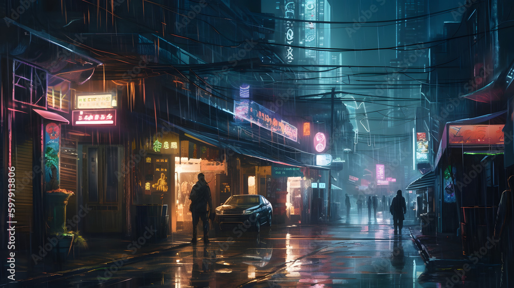 Neon Dreams: Exploring a Cyberpunk Night Street with Dazzling Lights, AI Generative Neon Dreams: Exploring a Cyberpunk Night Street with Dazzling Lights, AI Generative
