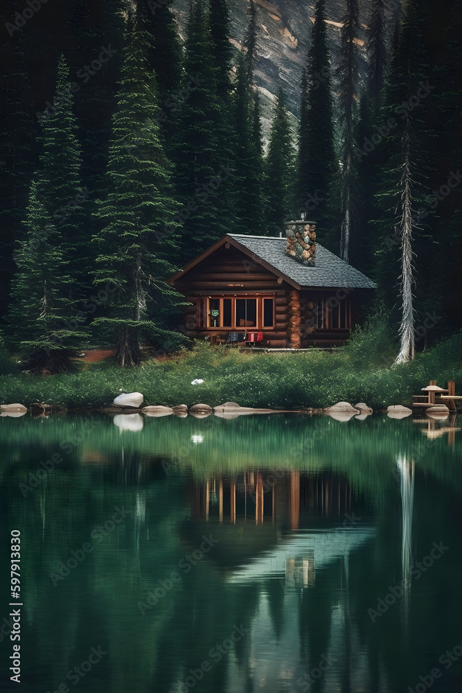 A Cozy Cabin Immersed in Nature's Serenity, AI Generative A Cozy Cabin Immersed in Nature's Serenity, AI Generative