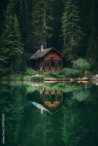 A Cozy Cabin Immersed in Nature's Serenity, AI Generative