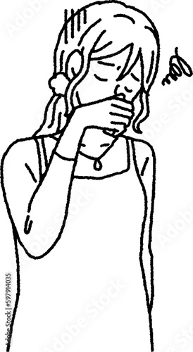シンプルなタッチ　つわりで吐き気をこらえる妊娠中の女性のイラストレーション
