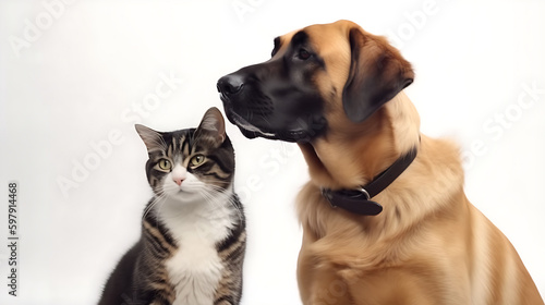 Cat and Dog Together As Best Friends  White Background 01. AI generative.