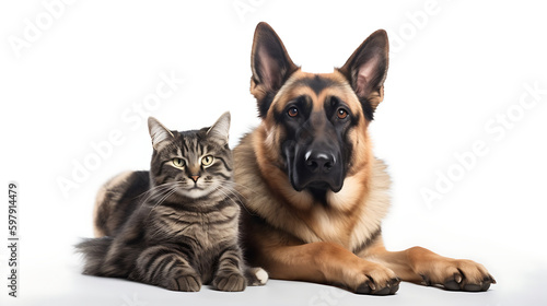 Cat and Dog Together As Best Friends, White Background 02. AI generative.