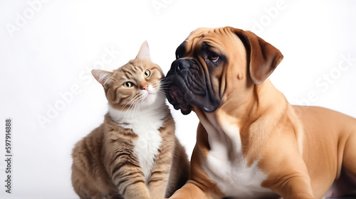 Cat and Dog Together As Best Friends, White Background 010. AI generative. © CSGraphics