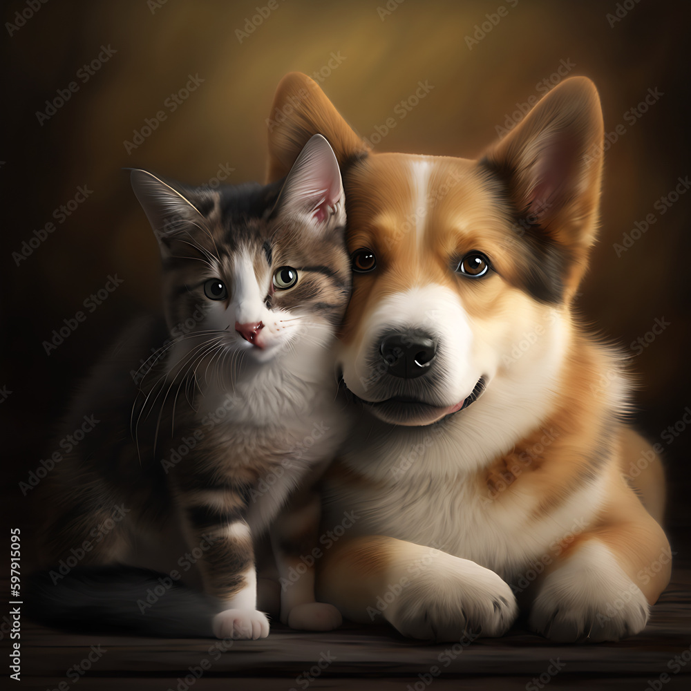 Cat and Dog Together As Best Friends, Dark Background 05. AI generative.