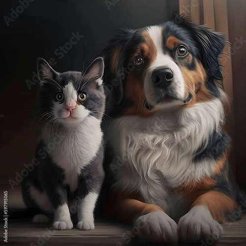 Cat and Dog Together As Best Friends, Dark Background 01. AI generative.